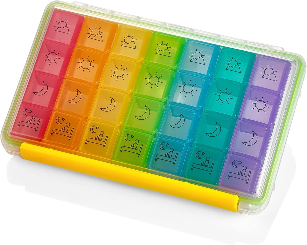 Organizador de comprimidos semanal - Portable 4 Vezes por dia - Moisture Water-Proof AM/PM Pill Case, Colorful 7 Day Medicine Holder Pill Box com rótulos para receitas, medicamentos, vitaminas e suplementos