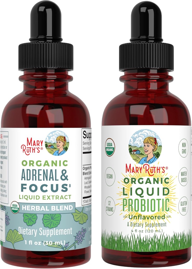 MaryRuth Orgânicos Suplemento Probiótico para Mulheres Homens Crianças & Adrenal Saúde & Focus Suplemento, 2 Pacotes, Digestivo & Gut Saúde, Cortisol Saúde, Stress Alief, Focus Nootropic Cérebro Suplemento