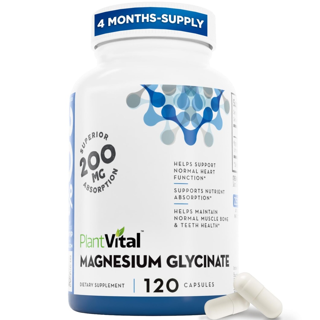 PlantVital Magnesium Glycinate 200mg 120 Cápsulas - Alta Absorção, Não-GMO, Vegan, Gluten-Free - Suporta o sono normal, função muscular e nervosa, Coração normal e saúde óssea, Ajuda Sentir-se calmo e relaxar