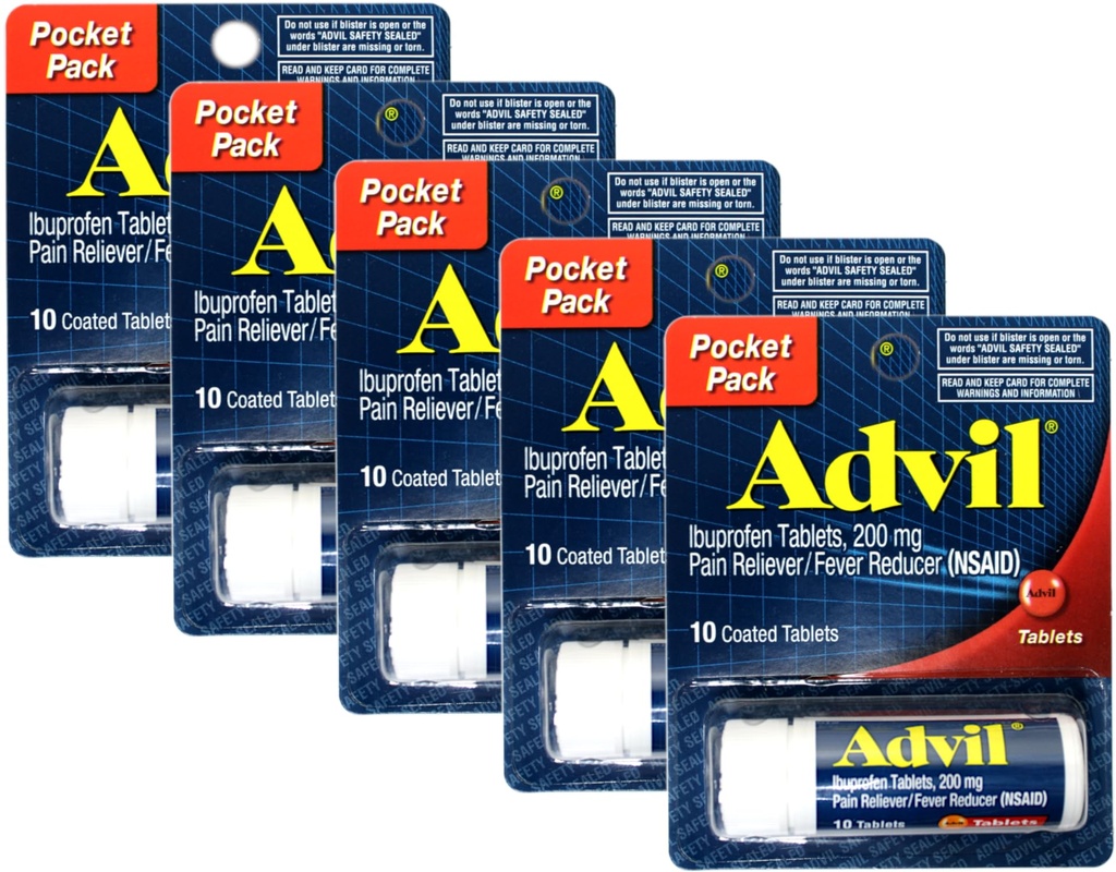 Advil Ibuprofeno 200mg (NSAID) Pocket Pack, 10 comprimidos revestidos (Pacote de 5)