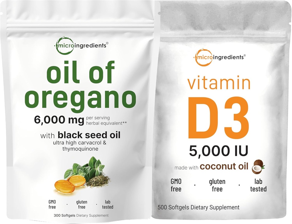 Micro Ingredientes Óleo de Orégano Softgels 6.000mg Por Serving & Vitamina D3 5.000 UI Pacote de pacote □ Força 4X Carvacrol & Thymoquinon