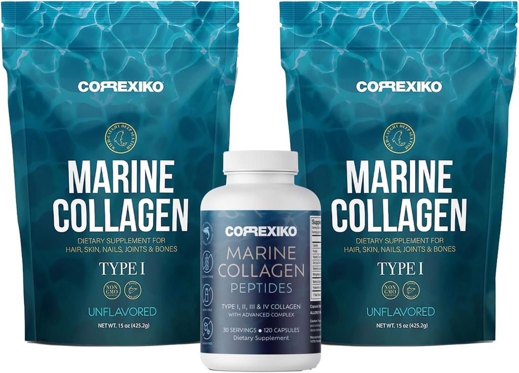 CORREXIKO 2X Pó de Colágeno Marinho (15 onças) & 1x Cápsulas Marinhas
