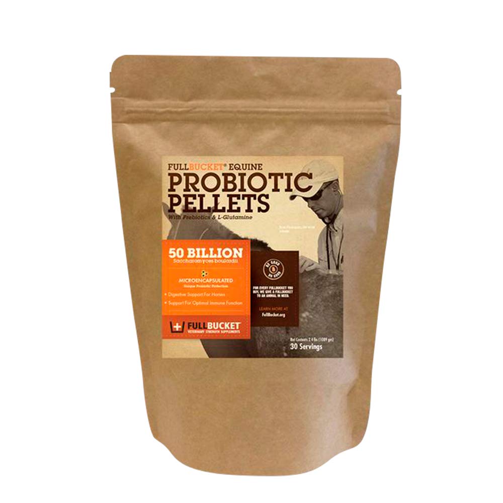 Pellets probióticos de Equino FullBucket com Saccharomyces boulardii para cavalos sob alto estresse ou para cavalos com problemas digestivos em andamento; 20x mais concentrados e 50 bilhões de UFC - 30 serviços