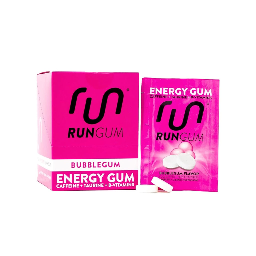 RUN GUM Bubblegum energia mastigar chiclete 50mg Taurina de cafeína & B-Vitaminas por peça, 24 Peças (Pacote de 12) Livre de Açúcar, Zero Caloria, Sem Aspartame, e Gluten Free