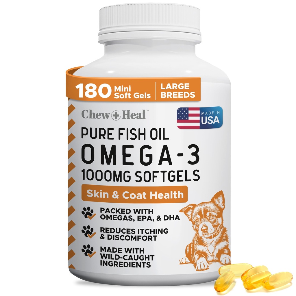 Wild Caught Omega 3 Fish Oil para Cães - 180 Cápsulas Softgel para Pele Saudável e Revestimento - Grandes Pílulas de óleo de peixe de cão 1000 mg para Pastagem, Pele Seca com Coceira e Hot Spots - Pet Omega Salmon Supplement