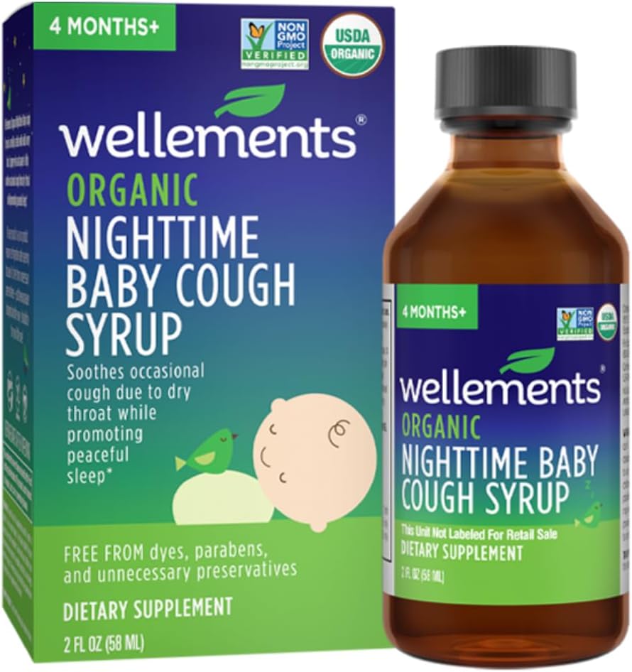 Wellements Organic Nighttime Baby Tosse Xarope – acalma a tosse ocasional devido à garganta seca enquanto promove o sono de uma noite pacífica*, USDA Organic – 2 Fl Oz, 4 Meses+