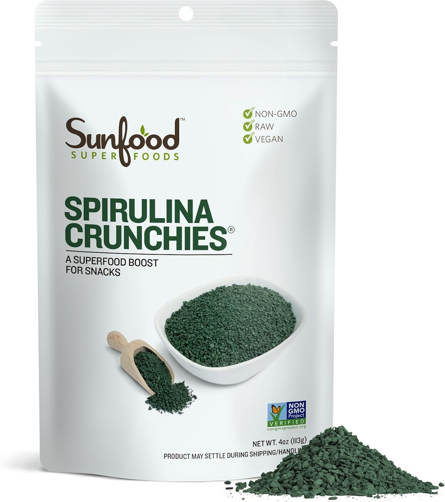 Alimentos para o sol Superalimentos Spirulina Crunchies - Azul Verde Algas, Spirulina Tablets, Chlorophyll Energy Bits from Dried Powder, Raw Vegan Algas Supplement, Non-GMO - 4 oz Bag