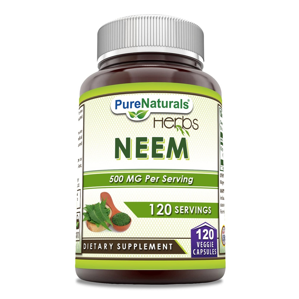 Puro Naturals Neem (Made with Natural Neem Leaf) 500mg 120 Veggie Capsules Supplement (Suplementar) Não-OGM Gluten Free (Gluten) Made in USA (Ideal para Vegetarianos)