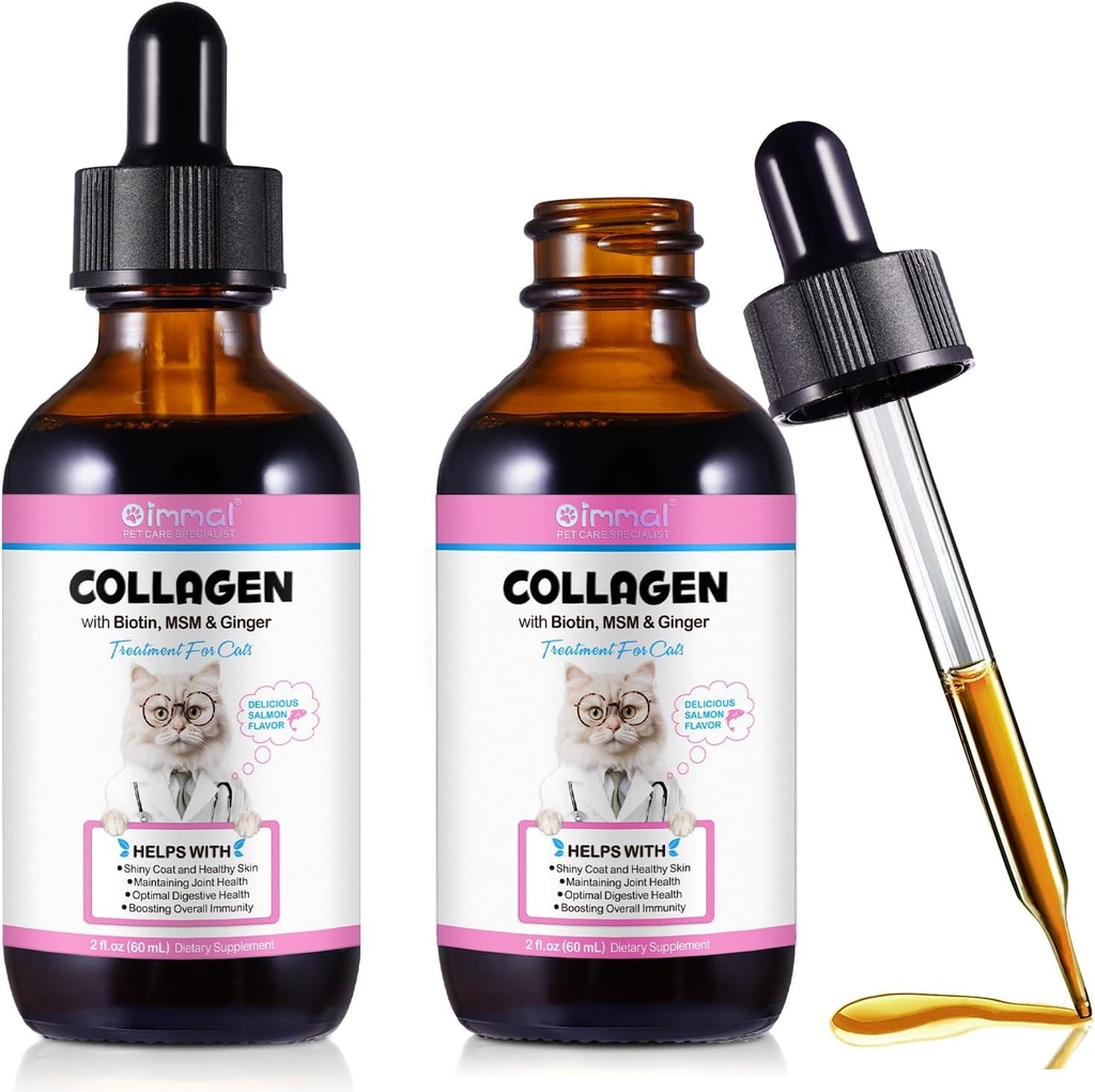 Colágeno para Gatos, Colágeno de Gato Gotas Líquidas com Biotina, HSH & Ginger Digestive & Immunity Support, Itch Relief, Pele & Revestimento e Saúde Conjunta, Suplemento de Gato 60ml -2pcs