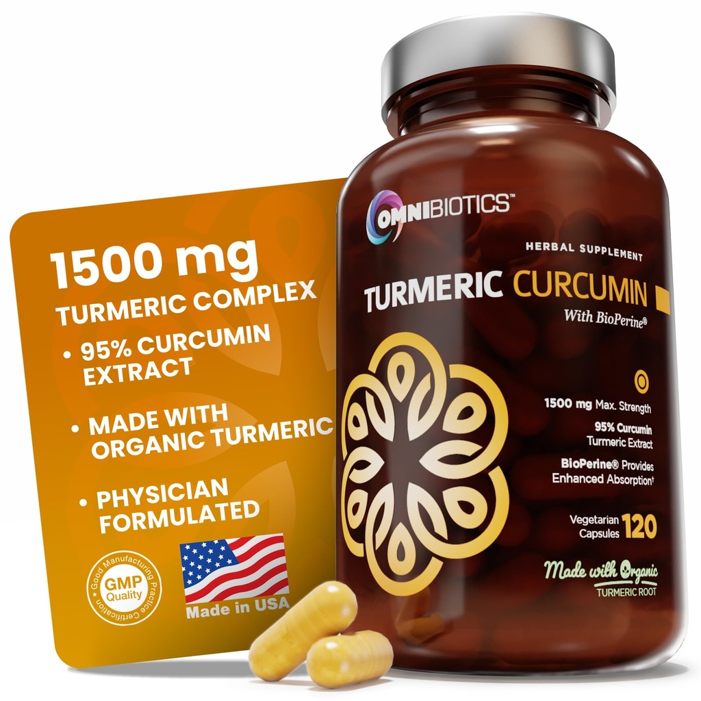 OmniBiotics Orgânico Curcumina Turmérica Suplemento com Extrato de Pimenta Preto – 1500mg Turmérica com 95% de Curcuminoides & BioPerine, alta absorção para apoio conjunto – 120 Cápsulas Vegan