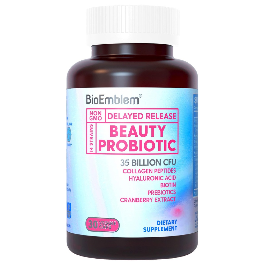 BioEmblem Beauty Probióticos para Mulheres, 35 bilhões de UFC 14 Strains com Biotina, Colágeno, Prebióticos para Saúde Digestiva, Pele de cabelo e unhas, Suplemento de Probióticos Vaginais, prateleira estável, 30 Caps