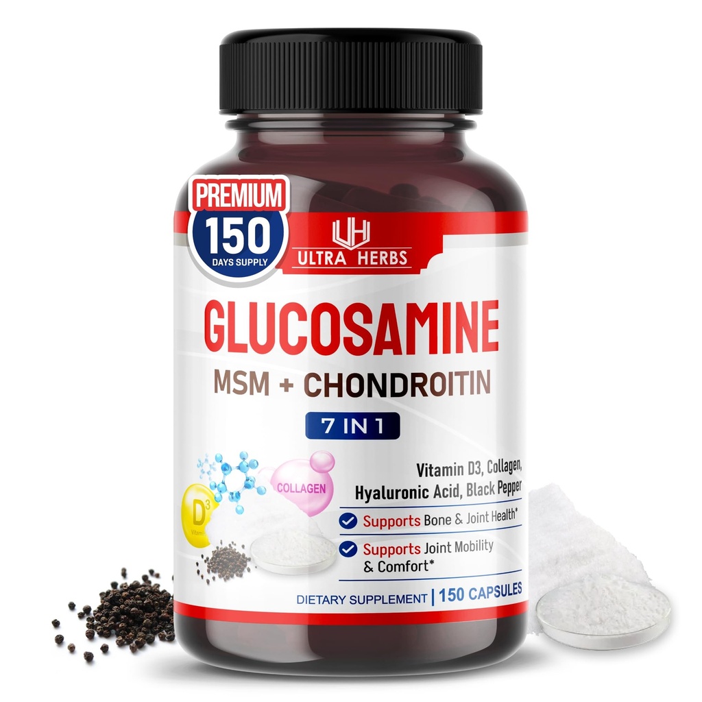 Glucosamina Condroitina HSH - Suplemento de suporte à mobilidade conjunta Melhorado com Colágeno, Ácido Hialurónico, Vitamina D3           . 150 cápsulas