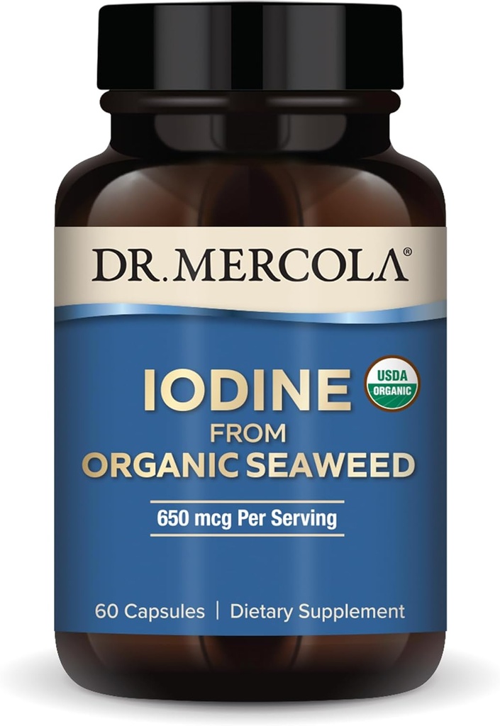 Dr. Mercola Iodine de algas orgânicas, 650 mcg por serviço, 30 Servings (60 cápsulas), Suplemento dietético, Thyroid e suporte energético, Não-GMO, USDA Organic