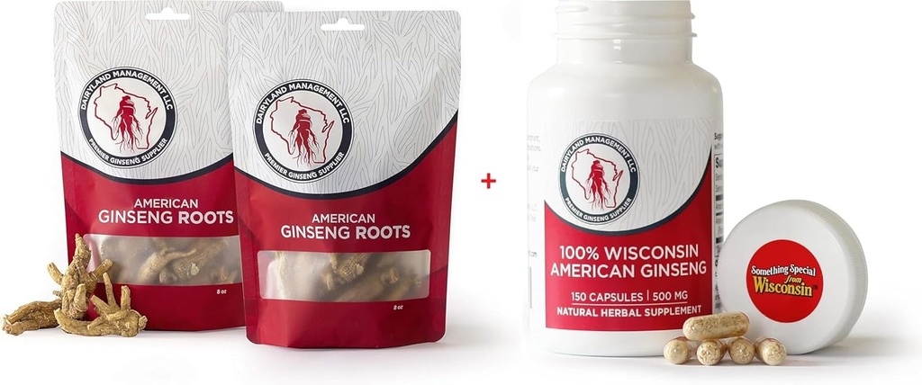 Dairyland American Ginseng Raízes 16 onças e Cápsulas 150 quilates de Wisconsin Ginseng – Direto do agricultor ao consumidor
