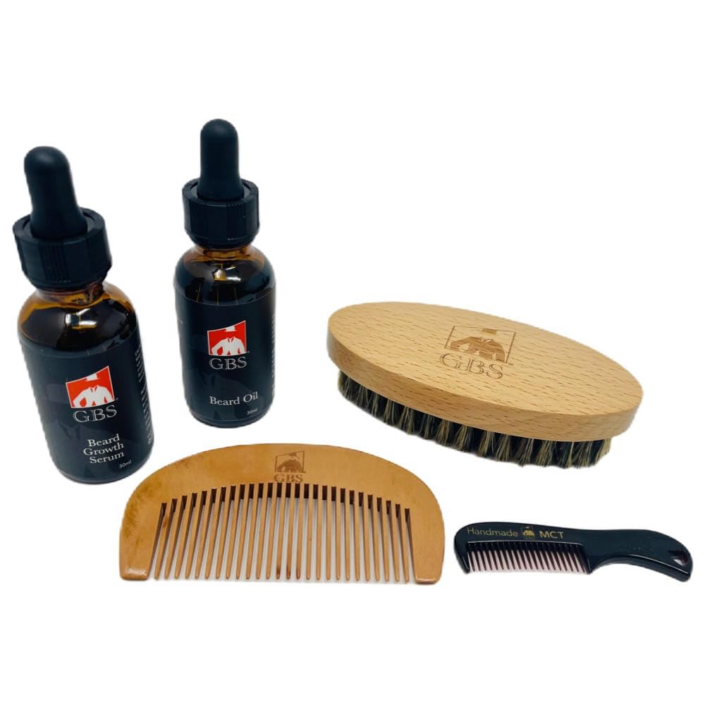G.B.S Todo o conjunto de jardineira de barba natural - inclui pente de barba de madeira, escova de barba de viagem, e pente de bigode - perfeito para qualquer textura de cabelo