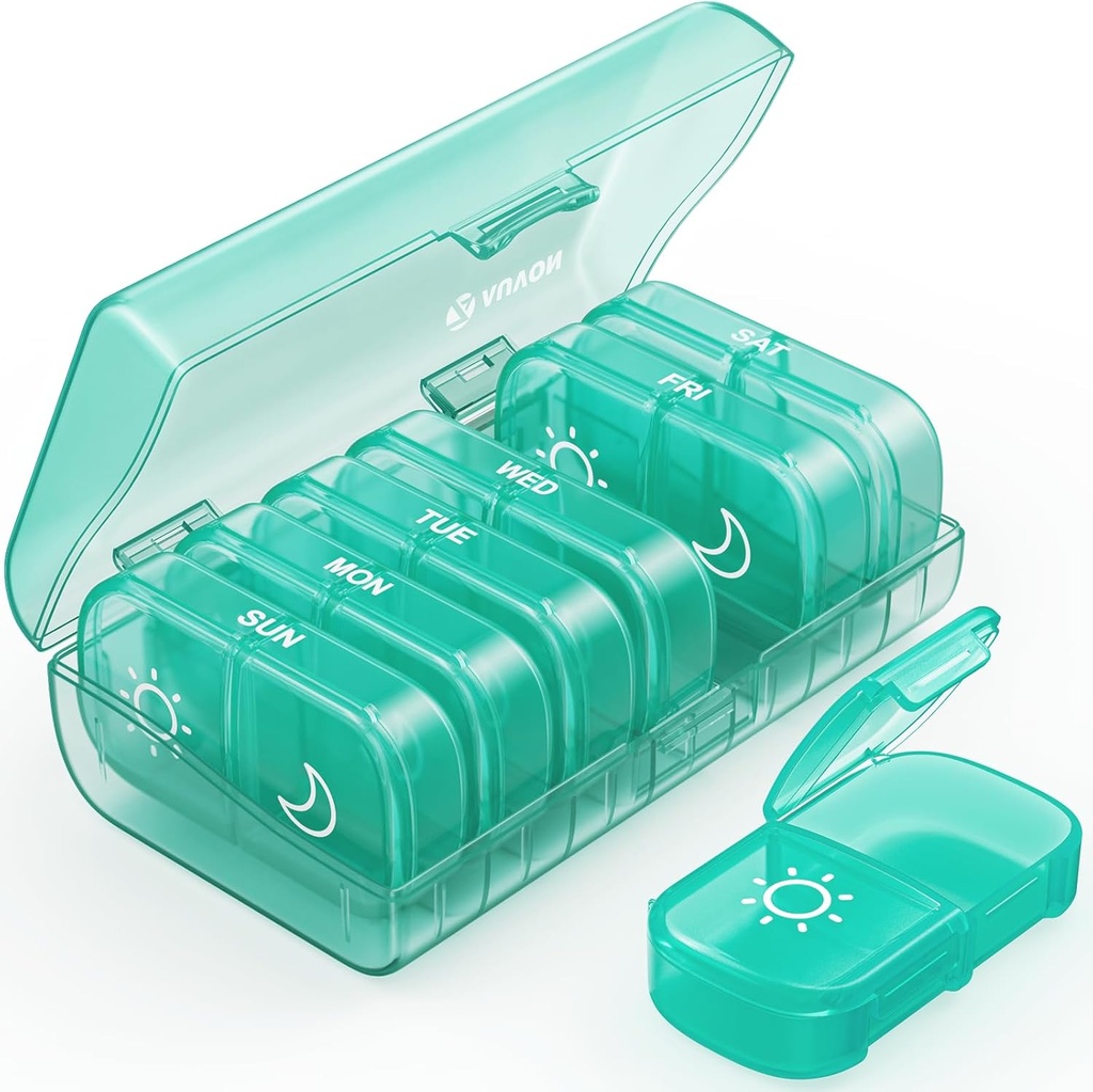 AUVON XL Organizador de comprimidos semanal 2 vezes por dia, caixa de pílulas 7 dia com aberturas grandes de um lado para fácil de usar, Cyan AM PM caso de pílula para medicação, vitaminas, óleo de peixe, suplementos