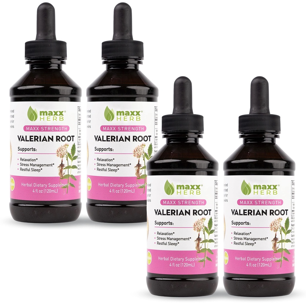 Maxx Herb Extrato de Raiz Valeriana - Força Máxima, Absorção de Raiz Valeriana Líquida Melhor do que Cápsulas, para Relaxamento e Sono Descansado, Sem Álcool - 4 Garrafas, 4 Oz Cada (240 Servings)