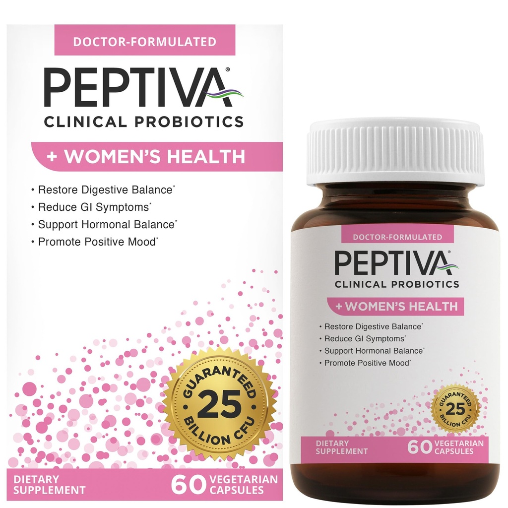Peptiva Probióticos para a Saúde da Mulher - Apoio Probiótico e Digestivo da Mulher, 25 Bilhões UFC, Probiótico Multi-Strain, Lactobacillus Acidophilus, Bifidobacterium - 60 Cápsulas Vegetarianas
