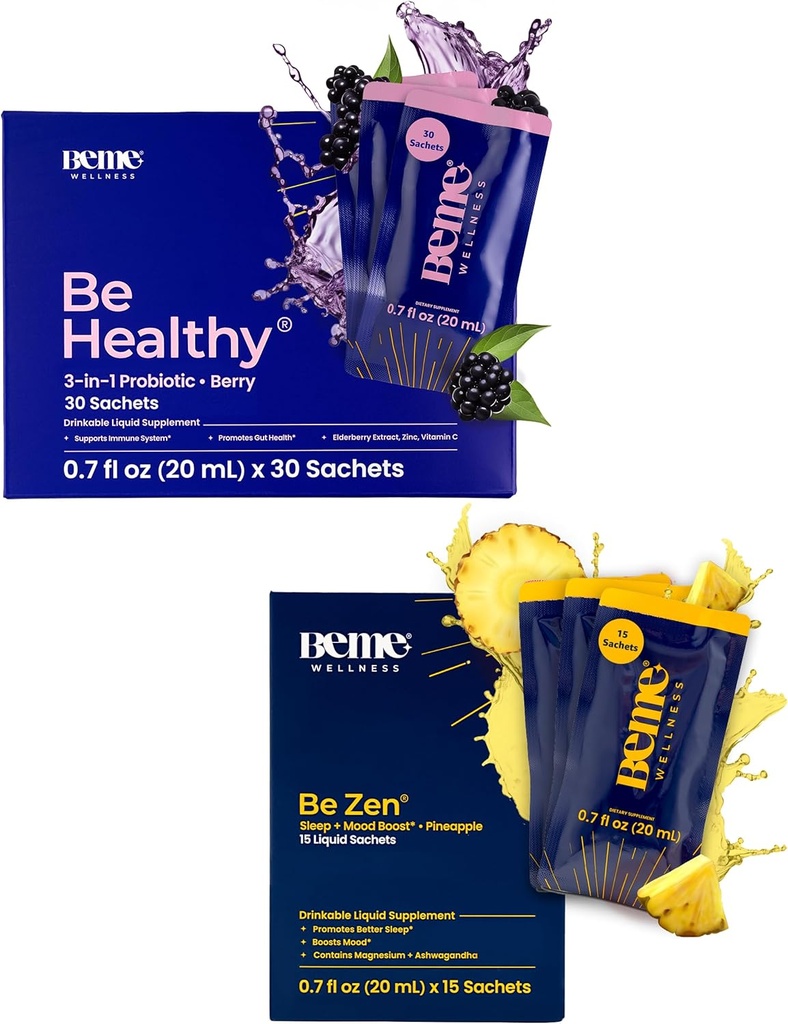 BeMe BeHealthy & BeZen Bundle - Líquidos Probióticos e Magnésio Glycinate L-Teanina Suplementos