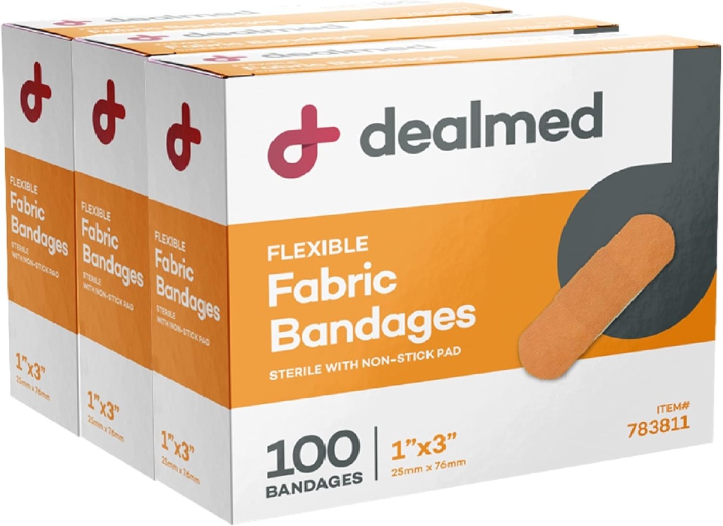 Dealmed Sterile flexível tecido adesivo bandagens - 1x3 Polegada - 100 / Caixa - 3 caixas - Primeiros socorros respirável Strip Pack - Soft Stretch ferida para kits médicos, de emergência e clínica