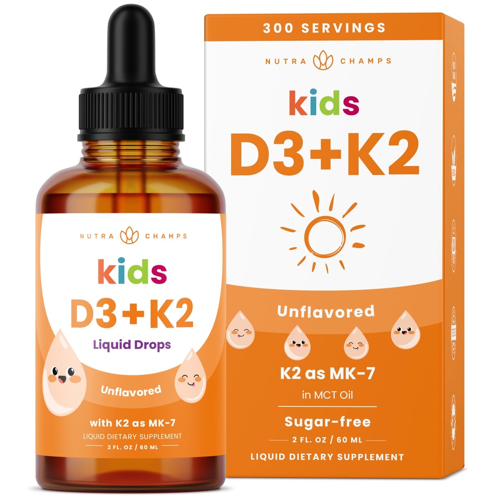 NutraChamps Kids Vitamina D 3 K2 Drops, Vitamina D3 & K2 MK-7, Vitamina D líquida para crianças 1000 UI, Ossos saudáveis, Coração e sistema imunológico, Suplemento gratuito de açúcar para crianças, 300 Servings