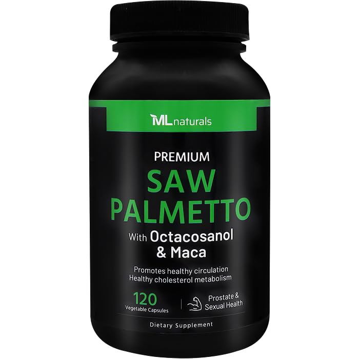 ML Naturals Saw Palmetto 1000 mg 120 Cápsulas Vegan. 3 em 1. Qualidade Premium com Octacosanol & Maca. Próstata, Saúde Urinária, Saúde Circulatória, Energizador Natural, Compatibilizado com NSF & cGMP