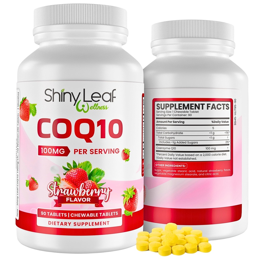 Shiny Leaf CoQ10 100mg - Chewable CoQ10 Suplemento - Coenzyme Q10 para saúde do coração e energia - Natural Co Q 10 Suplemento para bem-estar cardiovascular - 100mg Comprimidos Chewable, 90 Comprimidos, Made in USA