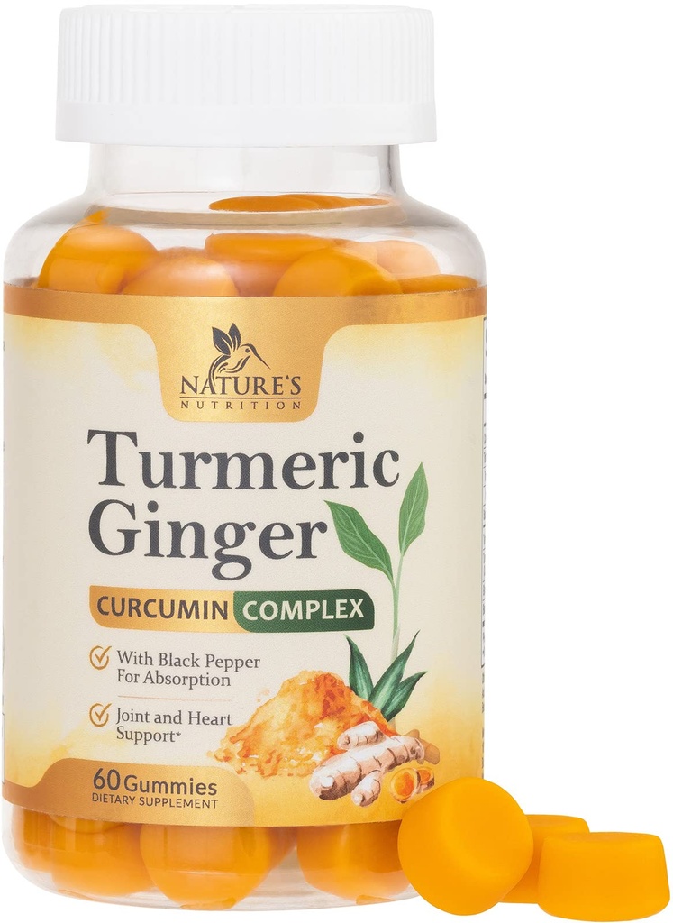 Gummies Supplement Curcumin Açafrão - 95% Curcuminoides com açafrão & gengibre, Pimenta preta para melhor absorção, Suporte conjunto Vegan da natureza, Não-GMO, Sem glúten, Saboroso sabor de pêssego - 60 Gummies