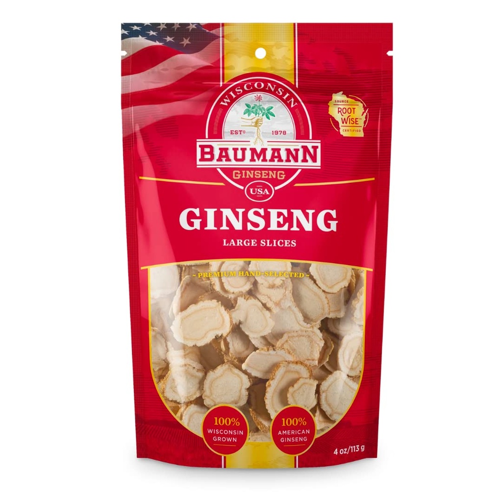 Baumann Wisconsin Ginseng - Large Slices 4 oz - 100% Natural Panax Ginseng Herb, Puro Ginseng Secado Americano para apoio imuno, foco melhorado e energia