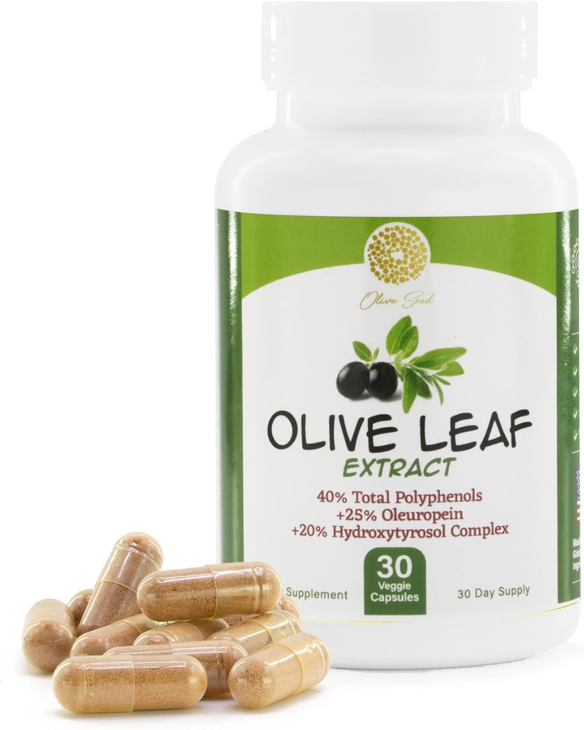 Extrato de Folha de Oliva - 500mg - Suplemento padronizado para 25% Oleuropein - 20% Hidroxitirosol - 40% Polifenóis - Não-GMO + Gluten Free + Dairy Free + Soy Free + Vegan (30 Cápsulas)