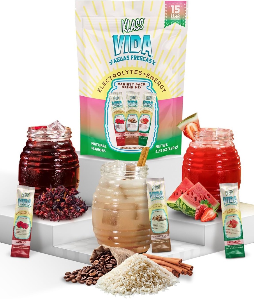Hidratação + Energia Electrolyte Drink Mix – Variety Pack com Hibisco, Horchata de café e melancia de morango, sem açúcar com cafeína, L-Theanina, Água de coco e minerais