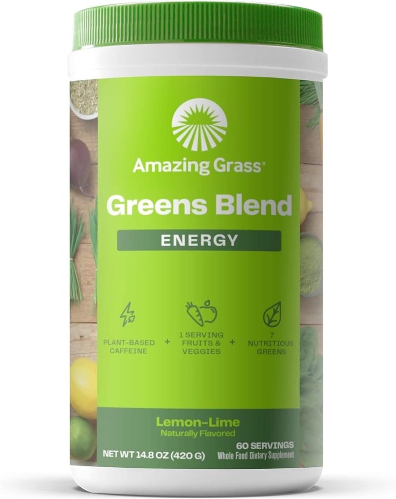 Amazing Grass Greens Misturar Energia: Smoothie Mix, Super Verdes Pó e Cafeína Baseada Planta com Matcha Verde Chá & Beterraba Raiz Pó, Limão, 60 Servings (Packaging May Vary)