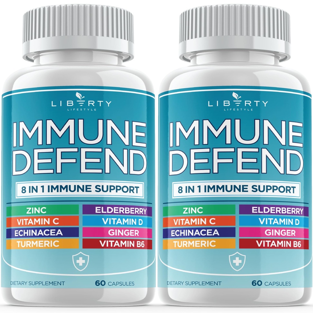8 em 1 Suporte de Defesa Imune, Immunity Vitaminas Suplemento Booster com Zinc 50mg, Vitamina C Vit Elderberry D3 5000 UI, Curcumin & Ginger Açafrão, Echinacea - Alergia Alívio para Adultos Crianças (2 Pack)