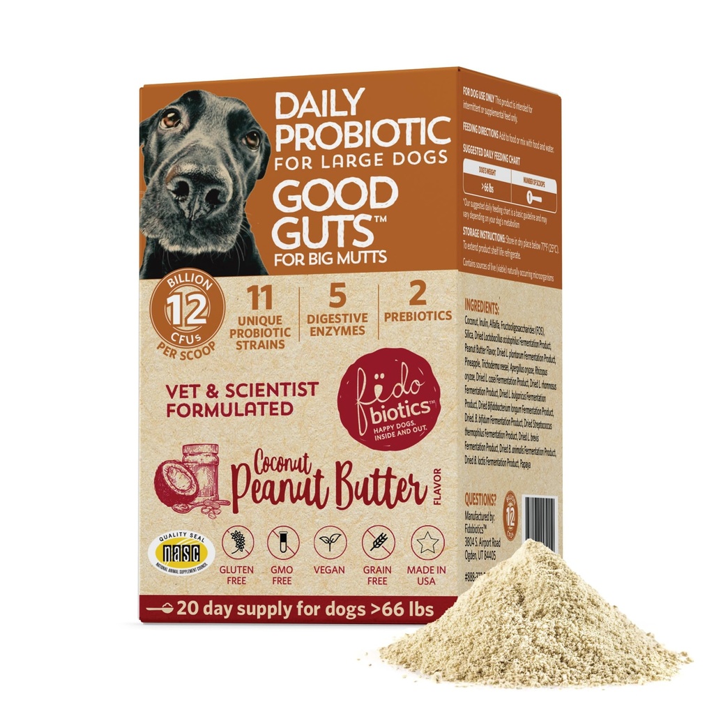 Fidobióticos Boa guts para Big Mutts Probiótico para cães, 12 bilhões de UFCs, 11 Strains, 5 Enzimas Digestivas, 2 Prebióticos, Saúde Digestiva Gut para cães, Adulto e Cachorrinho Probióticos Suplementos (20 dias)