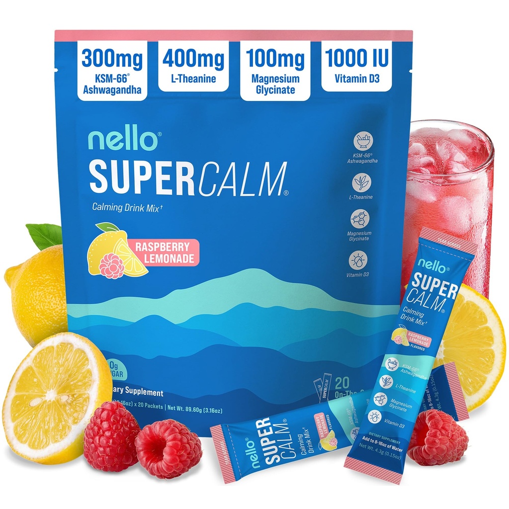 Nello Supercalm Powder Drink Mix, Limonada de framboesa, L Theanina, Ksm-66 Ashwagandha, Glycinate de magnésio, Vitamina D 3, Suplementos para Relaxamento e Foco, Sem açúcar, Não OGM, Em curso, 20 Ct