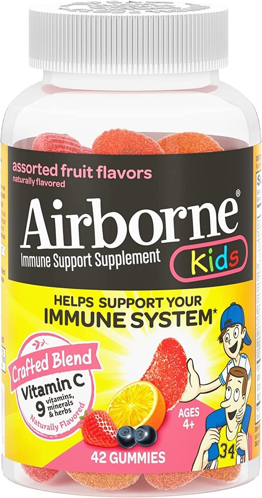Airborne 500mg Vitamina C + Zinco Imune Supplement Gummies Supplement for Kids, Sabor de fruta variado, Gluten Free Crafted Blend with Powerful Antioxidants Vitaminas C & E, 42 Gummies (2 Pack)