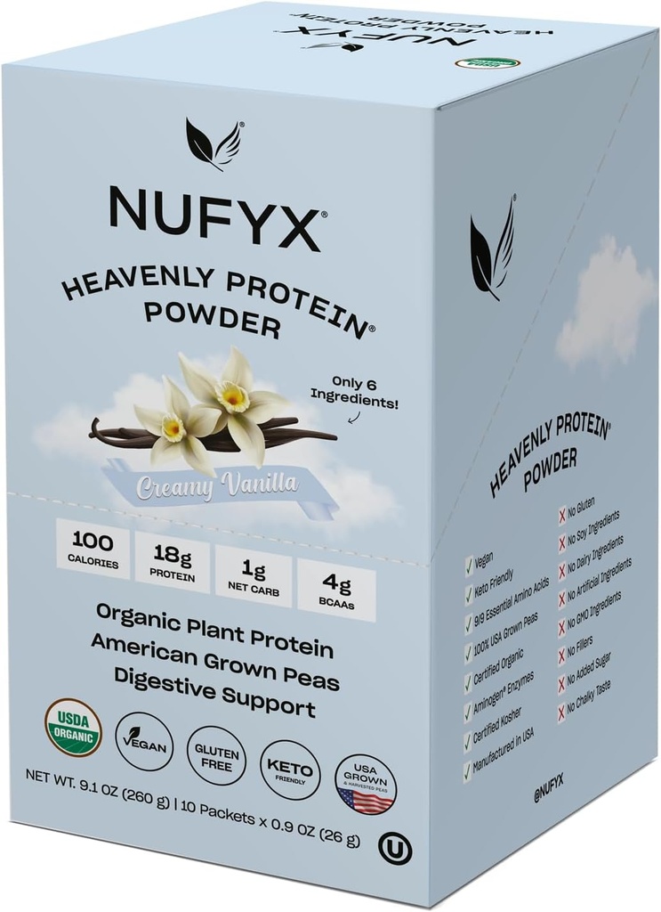 NUFYX® • Heavenly Protein® Powder • Melhor 100% orgânico do mundo Ervilhas crescidas americana • Vegan • Gluten Free • Baixo carboidrato (Creamy Vanilla, caixa de 10 pacotes)