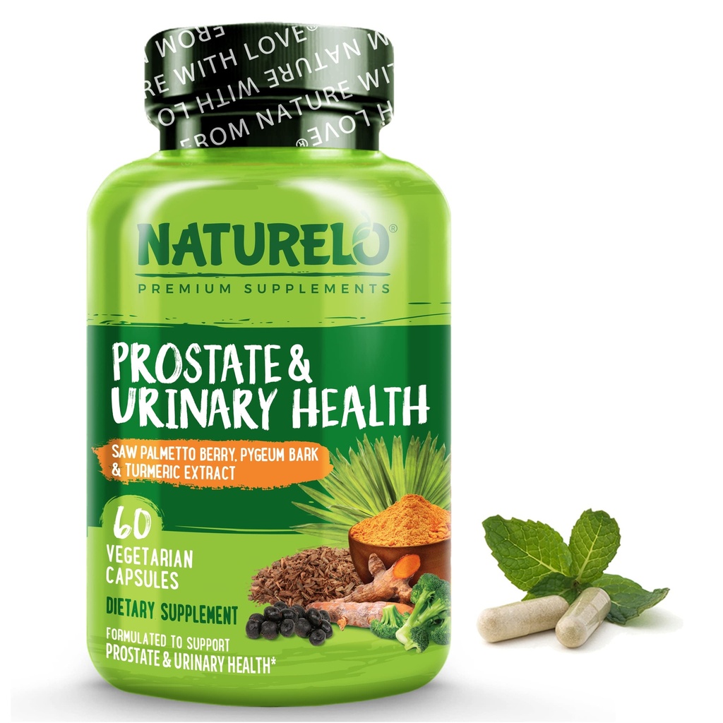 NATURELO Próstata & Saúde Urinária, Fórmula abrangente com serra Palmetto, Pigeum, Tumérico, Esterol de Planta, Brócolos e Licopeno, 60 Cápsulas Vegetarianas