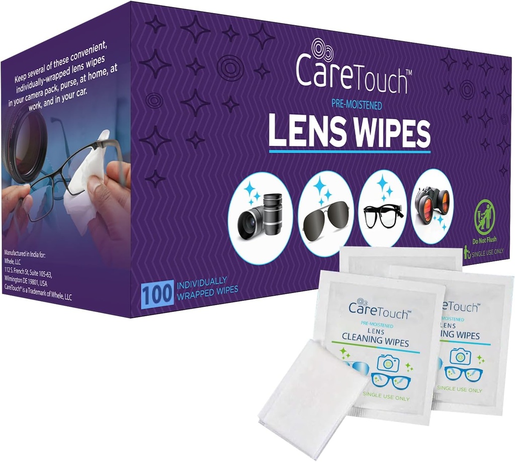 Cuidados Toque Lens Limpas para Óculos- 100 Contagem Individualmente Envolto Pré- Molhado, 5 x 6 polegadas de lente de câmera, óculos de sol e óculos Limpador,- Gentil e portátil para limpeza de dispositivos ópticos