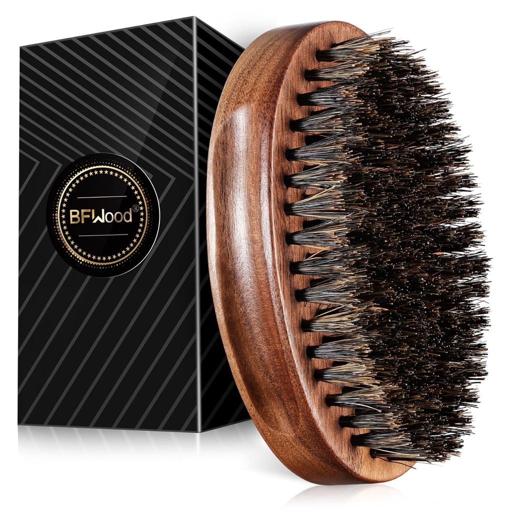 BFWood Escova de barba de javali - Estilo militar de noz de madeira preta, escova de bigode de madeira masculina
