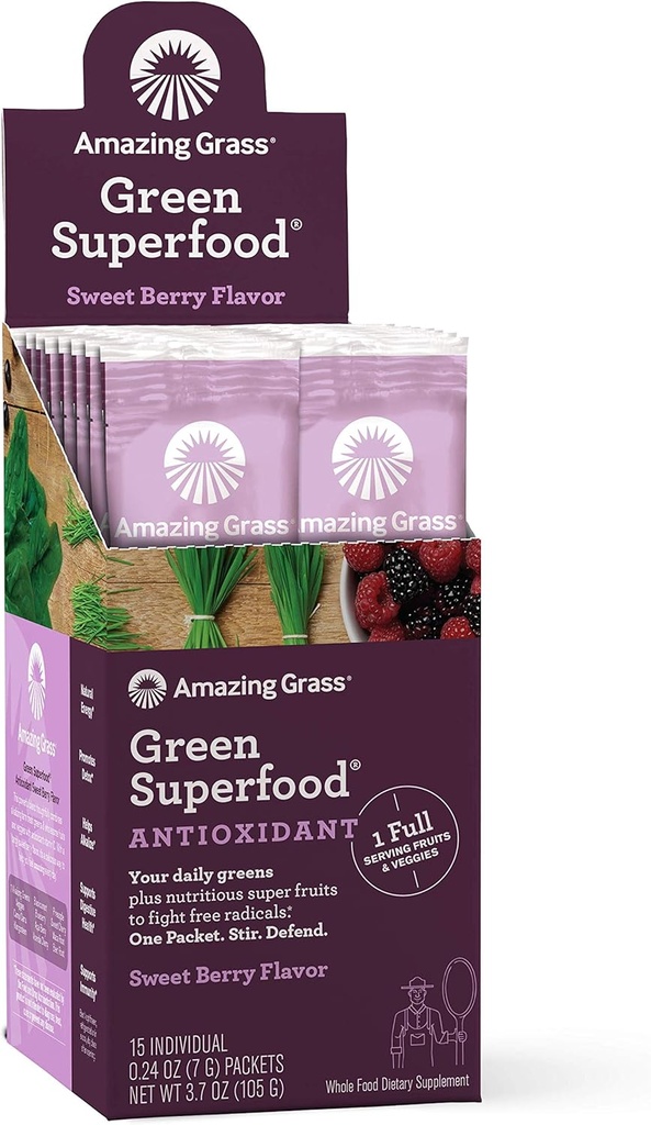 Amazing Grass Green Superfood Antioxidant: Super Greens Pó com espirulina, Elderberry & Probióticos, Sweet Berry, 15 Servings