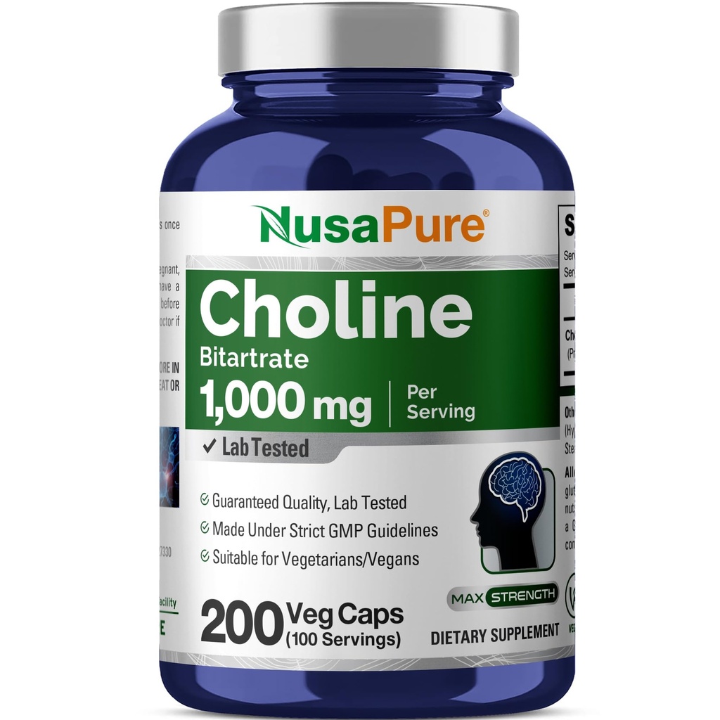 NusaPure Choline Bitartrate 1000 mg 200 Cápsulas Veggie (Vegan Vegetarian, Non-GMO)