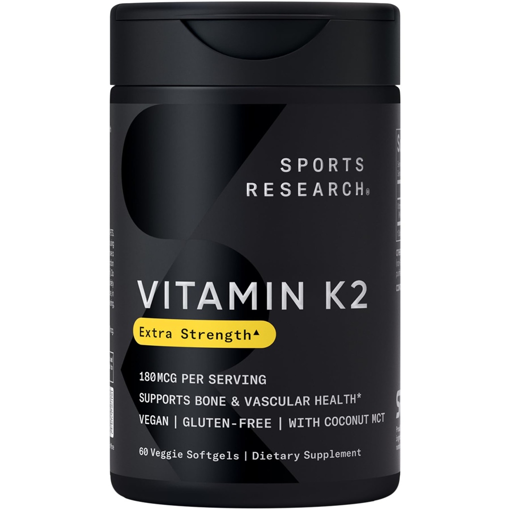 Sports Research Vitamina K2 MK7 180mcg com óleo de coco - 60 Veggie Softgels - Vegan Certified, Non-GMO Verificado e sem glúten