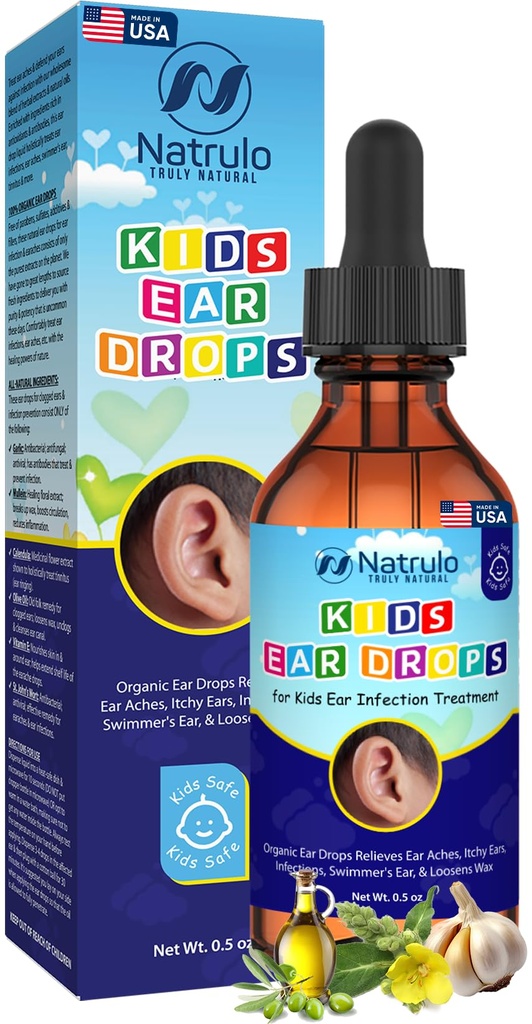 Natrulo Natural Orelha Gotas para Crianças Tratamento de Infecção Orelha – Crianças Orgânicas Óleo Orelha Gotas Alivia dores de ouvido, Coceira Orelhas, Infecções, Orelha de Nadador, & Loosens Cera – Crianças Seguras, Feito nos EUA