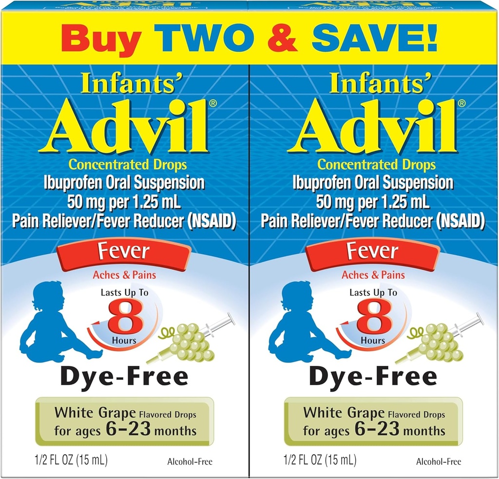 Reliever de dor líquida de Advil de lactentes e redutor de febre do bebê, Ibuprofeno infantil alívio da dor livre e remédio da febre, uva branca - 0,5 Fl Oz (2 pacote)