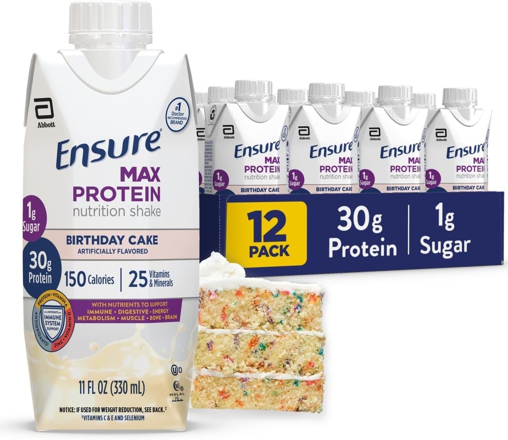 Assegure-se Max Protein Shake Bolo de Aniversário Pronto para Beber 30g de proteína para a saúde muscular 1g de açúcar, 4g de fibra