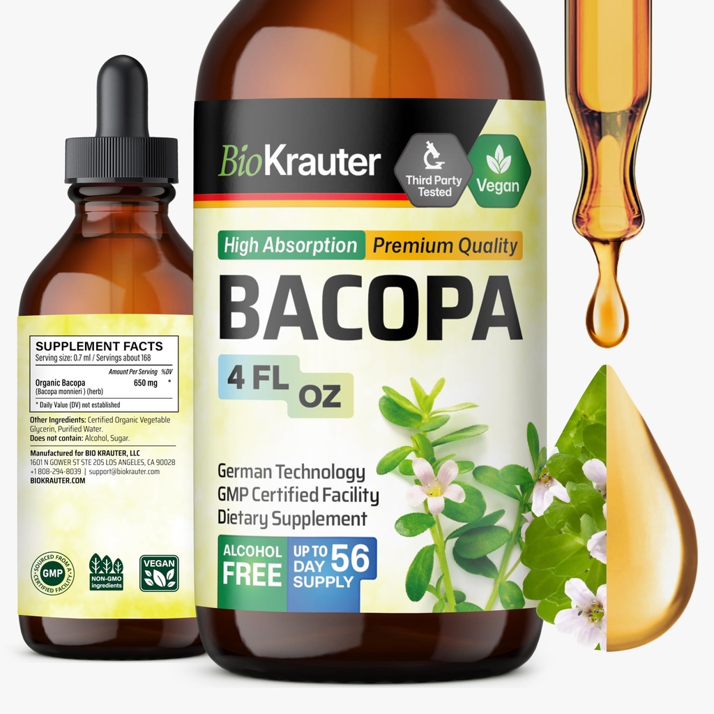 BIO KRAUTER Bacopa Monnieri Suplemento Líquido - Suporte ao cérebro Brahmi - Álcool & Açúcar Livre Bacopa líquido Herb Drops 4 Fl.Oz.