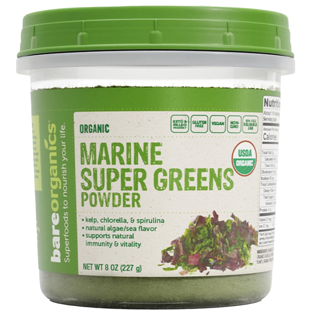 BareOrganics Marine Super Greens Powder – USDA Organic, Vegan, Gluten-Free, Non-GMO, BPA-Free, Superfood Powder with Organic Kelp, Spirulina & Chlorela - 8 onças