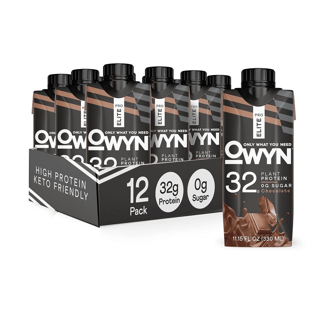 OWYN Pro Elite Vegan alta proteína Shake, Chocolate, 32g proteína baseada em plantas, com fibra, prebióticos, Superalimentos verdes, treino e recuperação, 0g líquidos carboidratos, zero açúcar, Keto (12 Pack)