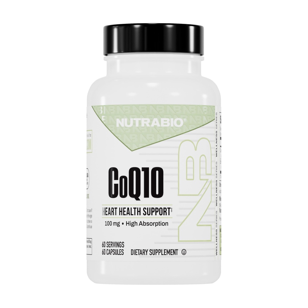 NutraBio CoQ10 Suplemento dietético, função cardíaca saudável e produção de energia celular, 100mg - 60 Cápsulas